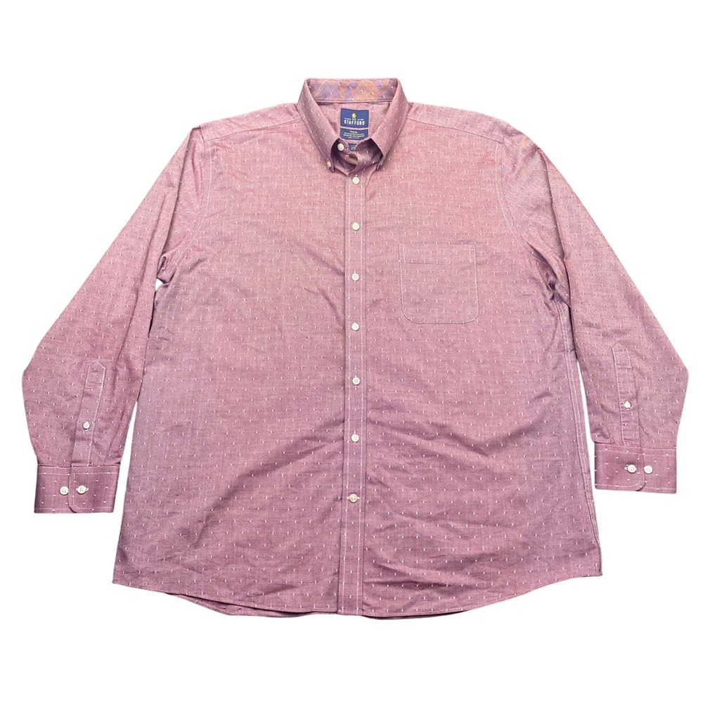 Stafford Travel Mens 17.5 34-35 Fitted Wrinkle-Free Oxford Shirt Burgundy Shirt